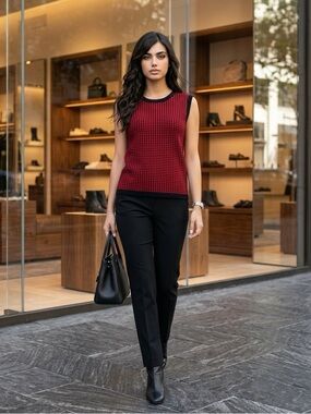 ST. JOHN SPORT RED BLACK HOUNDSTOOTH DESIGNER CAREER BUSINESS KNIT PREPPY TOP XL